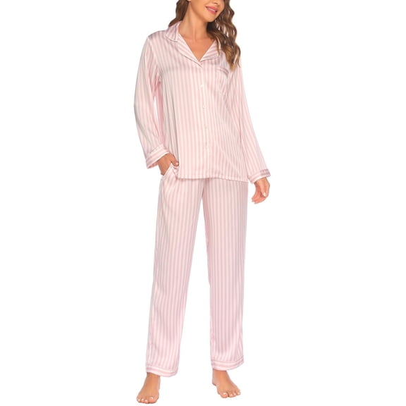Ekouaer Silk Satin Pajamas Women's Long Sleeve Pj Set Soft Button Down 2 Piece Sleepwear Loungewear