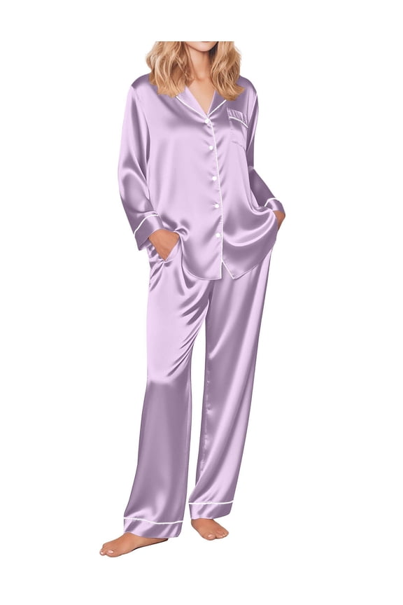 Silk Satin Pajamas Women's Long Sleeve Pj Set Soft Button Down 2 Piece Sleepwear Loungewear
