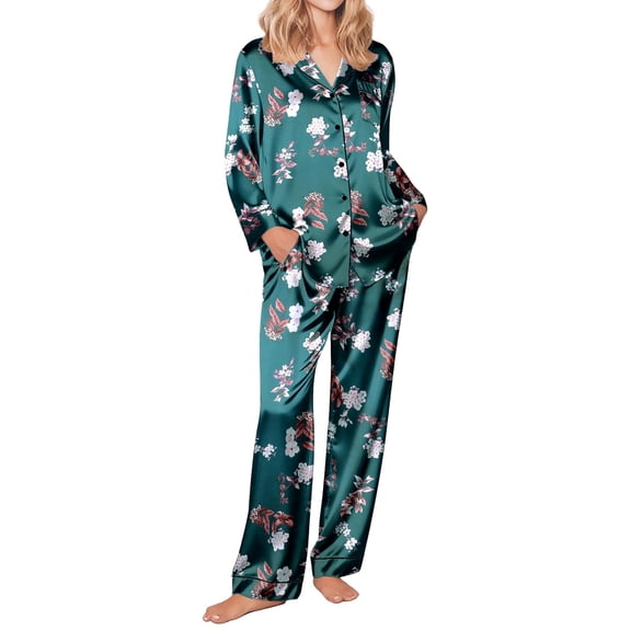 Ekouaer Silk Satin Pajamas Women's Long Sleeve Pj Set Soft Button Down 2 Piece Sleepwear Loungewear