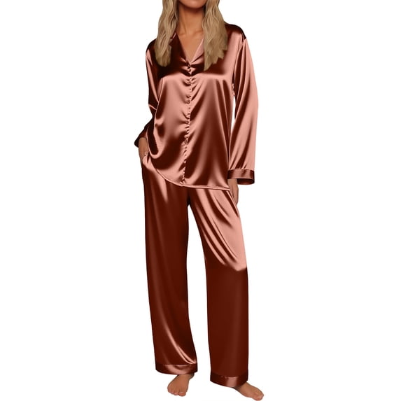 Ekouaer Silk Satin Pajamas for Women Button Down Pjs Set Long Sleeve Loungewear 2 Piece Wide Leg Sleepwear