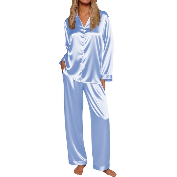 Ekouaer Silk Satin Pajamas for Women Button Down Pjs Set Long Sleeve Loungewear 2 Piece Wide Leg Sleepwear