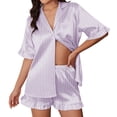 thumbnail image 1 of Ekouaer Silk Satin Pajamas for Women Print 2 Piece Button Down Pjs Shorts Set Ruffle Sleepwear, 1 of 6