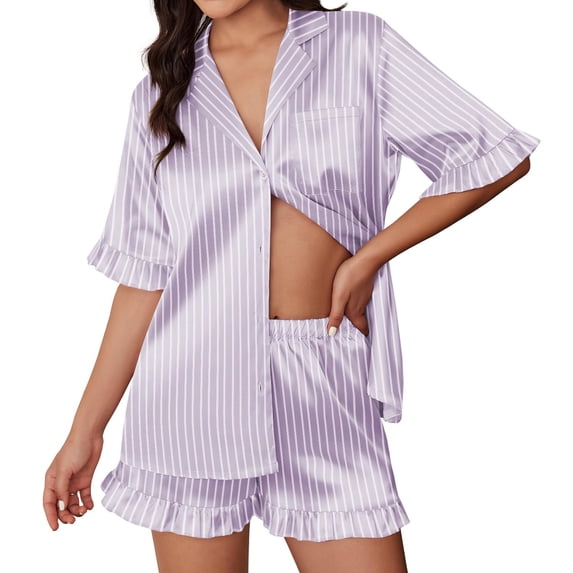 Ekouaer Silk Satin Pajamas for Women Print 2 Piece Button Down Pjs Shorts Set Ruffle Sleepwear