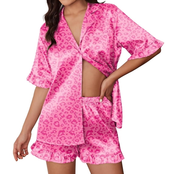 Ekouaer Silk Satin Pajamas for Women Print 2 Piece Button Down Pjs Shorts Set Ruffle Sleepwear