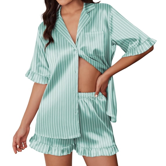 Ekouaer Silk Satin Pajamas for Women Print 2 Piece Button Down Pjs Shorts Set Ruffle Sleepwear