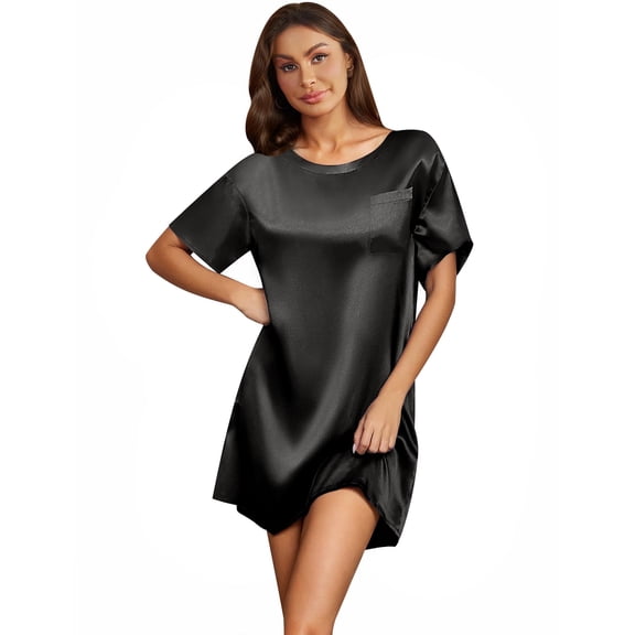 Ekouaer Silk Satin Sleep Shirts for Women Nightshirt Tshirt Night Gowns Short Sleeve Sleepwear Round Neck Shirt Dress With Chest Pocket