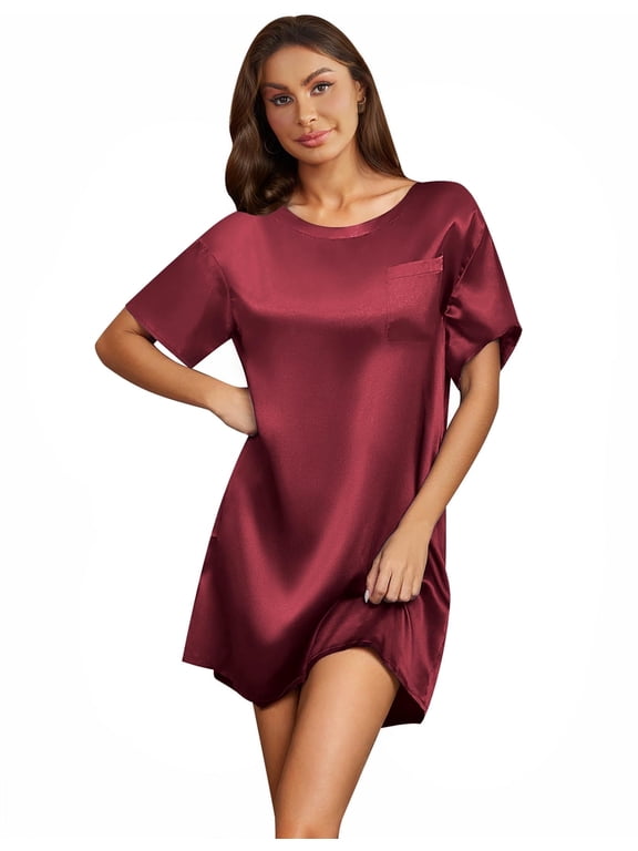 Silk Satin Sleep Shirts for Women Nightshirt Tshirt Night Gowns Short Sleeve Sleepwear Round Neck Shirt Dress With Chest Pocket