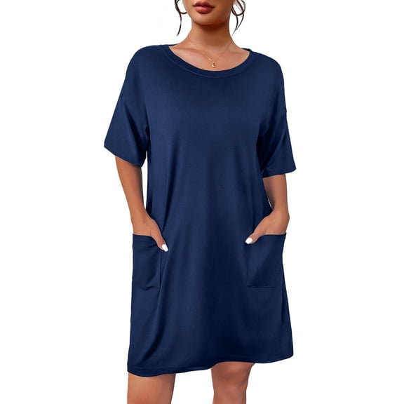 Ekouaer Sleep Shirts for Women Nightgown Short Sleeves T shirt Night Dress Round Neck Womans Nightgown with Pocket
