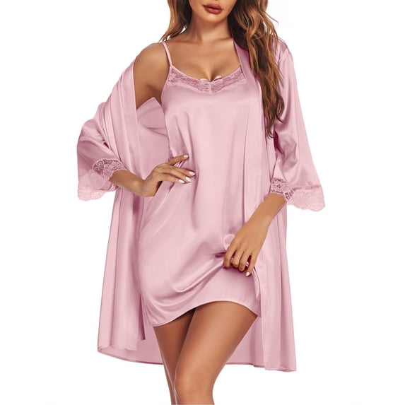 Ekouaer Sleepwear Women' Satin Nightgown with Robes Set 2 Piece Sexy Lace Cami Nightwear