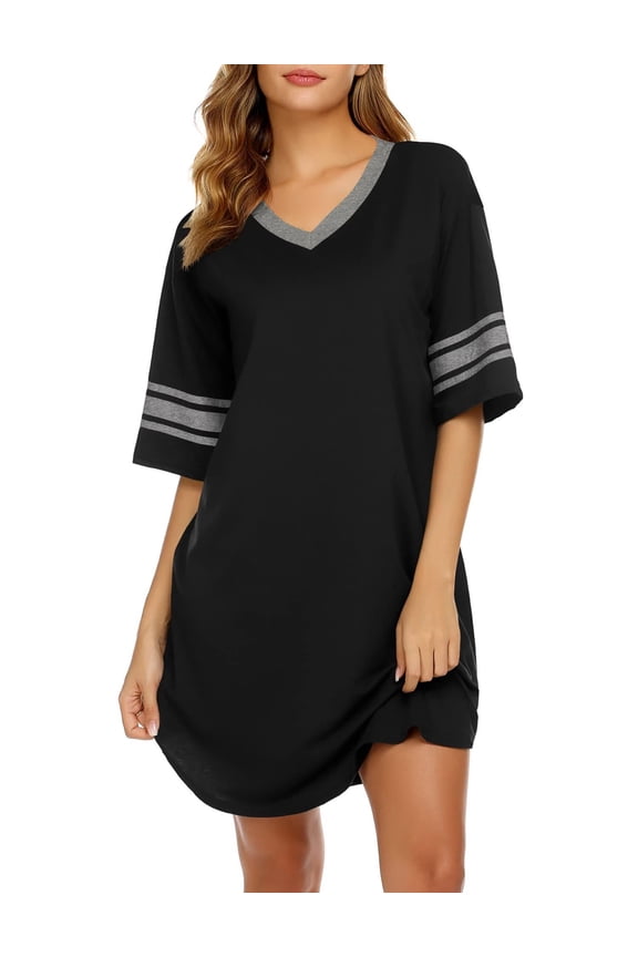 Women's Nightgown Cotton Sleep Shirt V Neck Short Sleeve Loose Comfy Pajama Sleepwear