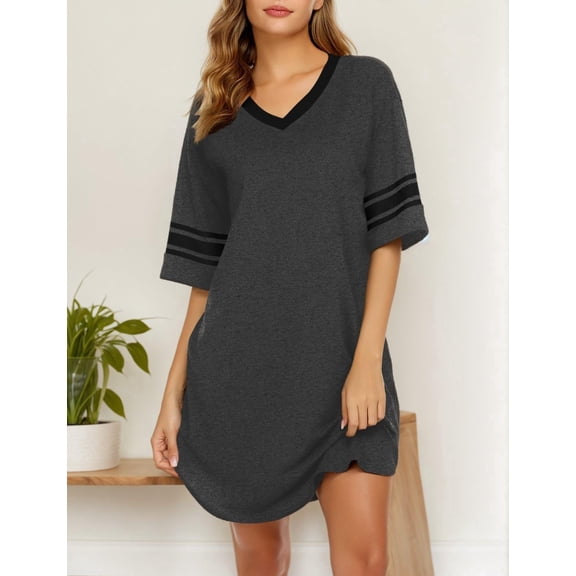Ekouaer Women's Nightgown Cotton Sleep Shirt V Neck Short Sleeve Loose Comfy Pajama Sleepwear