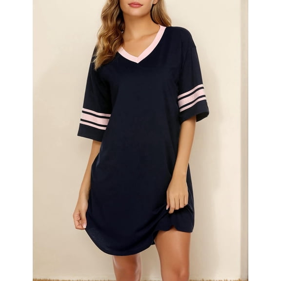 Ekouaer Women's Nightgown Cotton Sleep Shirt V Neck Short Sleeve Loose Comfy Pajama Sleepwear