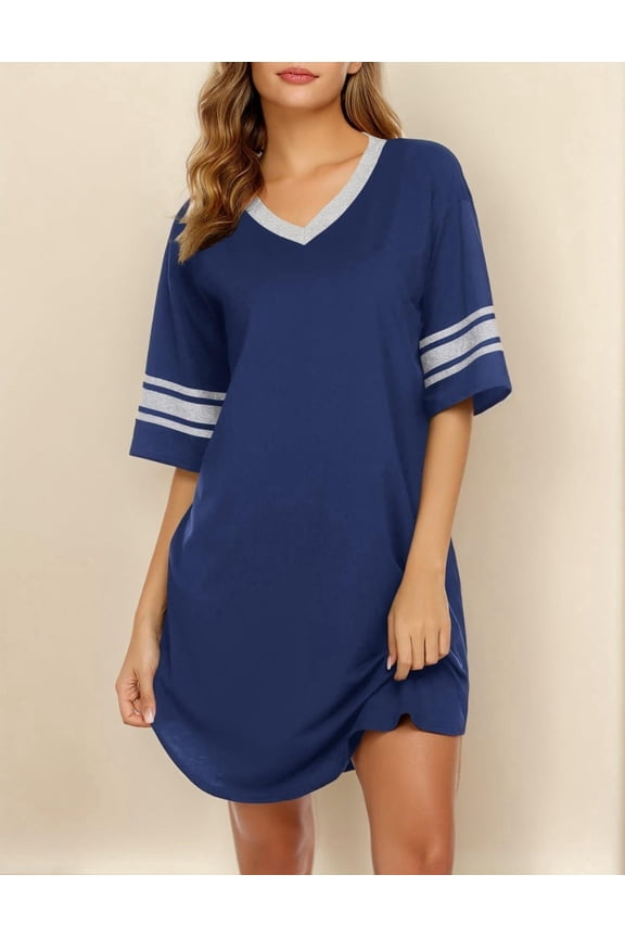 Women's Nightgown Cotton Sleep Shirt V Neck Short Sleeve Loose Comfy Pajama Sleepwear