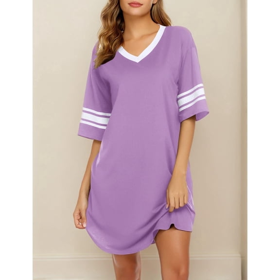 Ekouaer Women's Nightgown Cotton Sleep Shirt V Neck Short Sleeve Loose Comfy Pajama Sleepwear