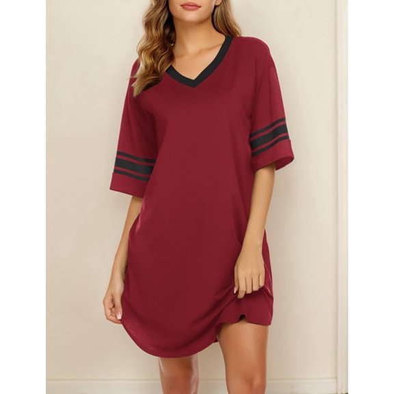 Ekouaer Women's Nightgown Cotton Sleep Shirt V Neck Short Sleeve Loose Comfy Pajama Sleepwear