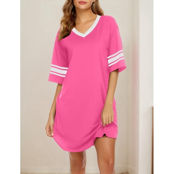 Ekouaer Women's Nightgown Cotton Sleep Shirt V Neck Short Sleeve Loose Comfy Pajama Sleepwear
