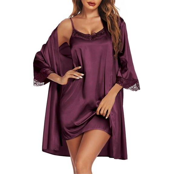 Ekouaer Sleepwear Women's Satin Nightgown with Robes Set 2 Piece Sexy Lace Cami Nightwear