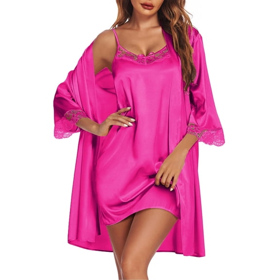 Ekouaer Sleepwear Women's Satin Nightgown with Robes Set 2 Piece Sexy Lace Cami Nightwear