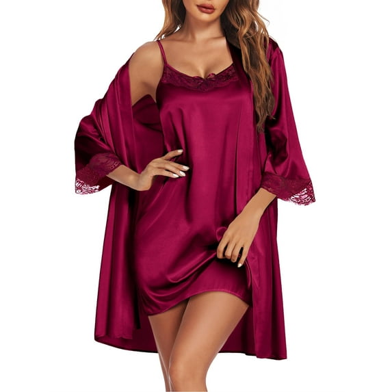 Ekouaer Sleepwear Women's Satin Nightgown with Robes Set 2 Piece Sexy Lace Cami Nightwear