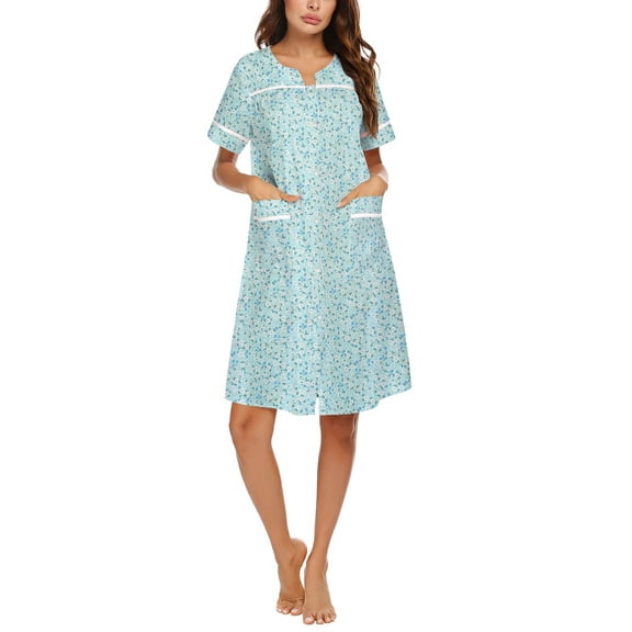 Ekouaer Sleepwear Womens Snap Front Nightgown Housecoat Cotton Duster Short Sleeve House Dress Green Floral Large Pat2 M