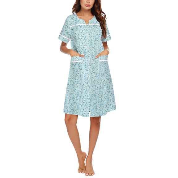 Ekouaer Sleepwear Womens Snap Front Nightgown Housecoat Cotton Duster Short Sleeve House Dress Green Floral Large Pat2 XXL