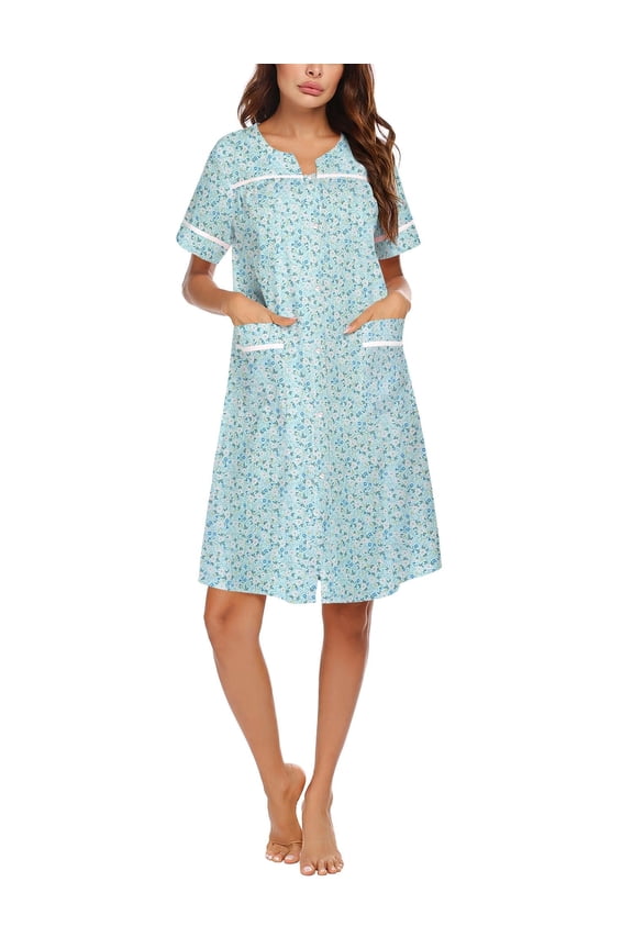 Sleepwear Womens Snap Front Nightgown Housecoat Cotton Duster Short Sleeve House Dress Green Floral Large Pat2 XXL