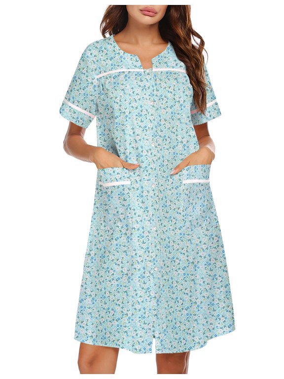 Sleepwear Womens Snap Front Nightgown Housecoat Cotton Duster Short Sleeve House Dress