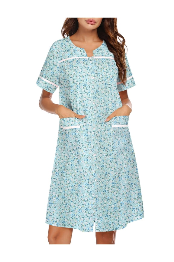Sleepwear Womens Snap Front Nightgown Housecoat Cotton Duster Short Sleeve House Dress