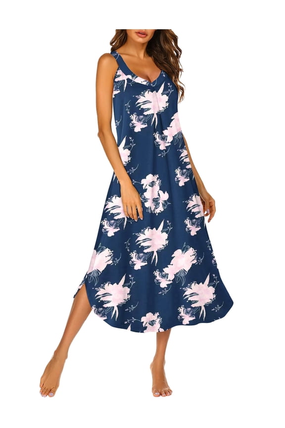 Sleeveless Nightgowns for Women Long Night Gown Pleated Full Length Sleepwear Tank Sleep Dress Slit Dress
