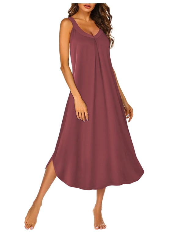 Sleeveless Nightgowns for Women Long Night Gown Pleated Full Length Sleepwear Tank Sleep Dress Slit Dress