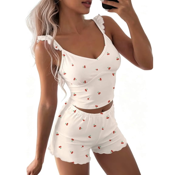 Ekouaer Summer Pajamas Built in Bra Ruffle Pjs Cute Lingerie 2 Piece Cami and Shorts Set for Women Getting Ready Bridal Party