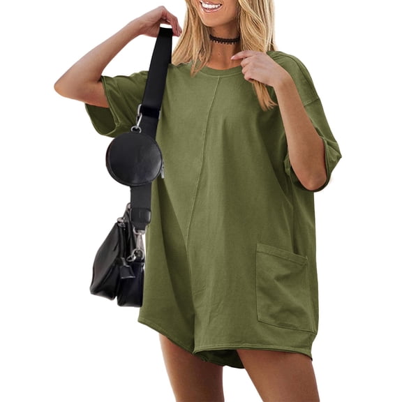 Ekouaer Summer Rompers for Women Baggy T-shirt Romper Short Sleeve Oversized Reversible Jumpsuit Outfits with Pockets
