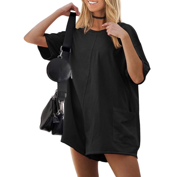 Ekouaer Summer Rompers for Women Baggy T-shirt Romper Short Sleeve Oversized Reversible Jumpsuit Outfits with Pockets