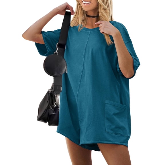 Ekouaer Summer Rompers for Women Baggy T-shirt Romper Short Sleeve Oversized Reversible Jumpsuit Outfits with Pockets