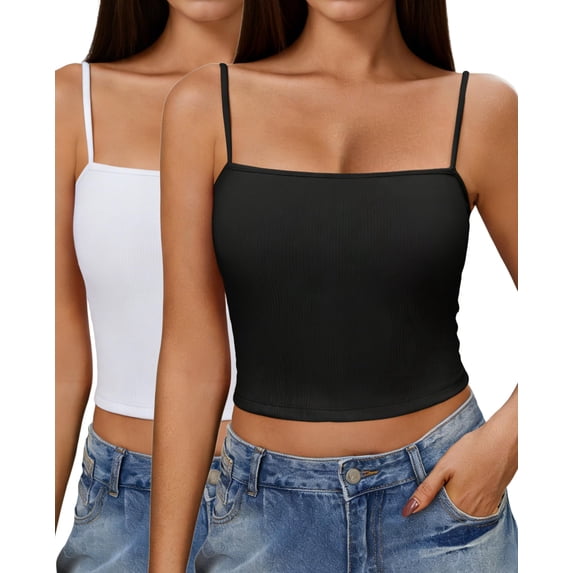Ekouaer Summer Tank Top Woman Ribbed Camisole Tops Spaghetti Strap Undershirt Going Out Cute Cami