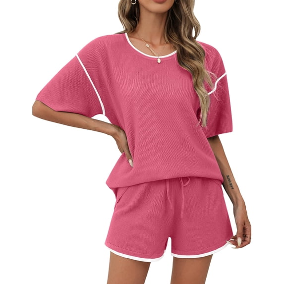 Ekouaer Sweater Lounge Sets 2 Piece Short Sleeve Knit Top Matching Shorts Vacation Outfit Sets for Women