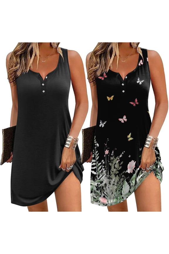 Tank Nightgowns for Women 2 Pack Sexy Night Gown Sleeveless Sleepwear Soft Sleep Dress Button Sleepshirt Black/Floral Black X-Large