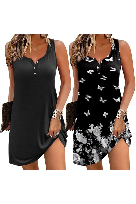 Tank Nightgowns for Women 2 Pack Sexy Night Gown Sleeveless Sleepwear Soft Sleep Dress Button Sleepshirt Black/Black Floral XXX-Large