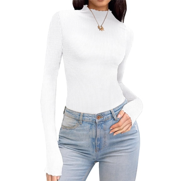 Ekouaer Turtleneck Shirt Women Ruffle Ribbed Long Sleeve Mock Neck Tops Slim Fit Lettuce Trim Base Layer