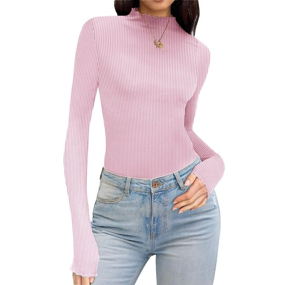 Ekouaer Turtleneck Shirt Women Ruffle Ribbed Long Sleeve Mock Neck Tops Slim Fit Lettuce Trim Base Layer