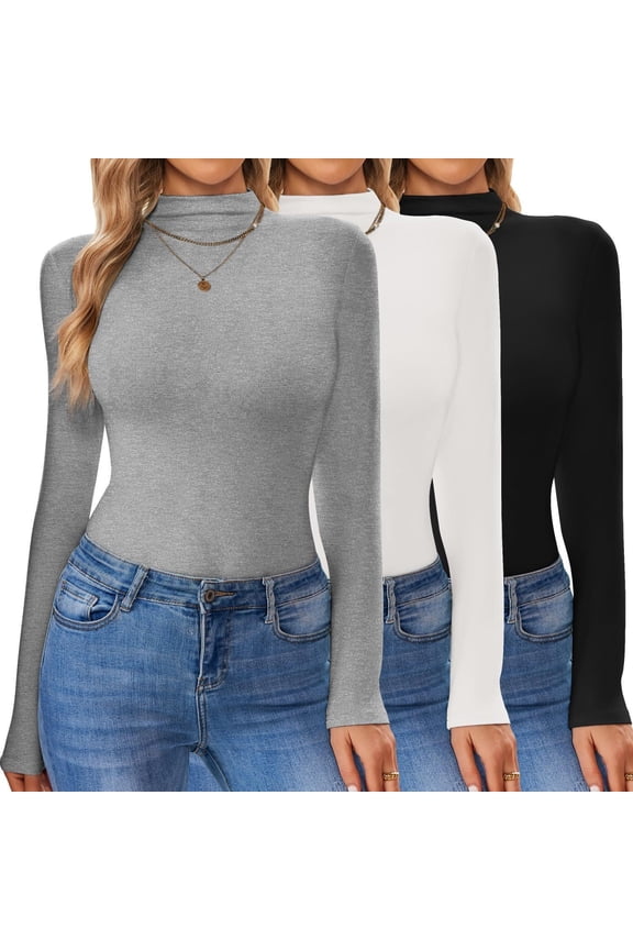 3 Pack Turtleneck Shirt Women Long Sleeve Mock Neck Thermal Base Layer Slim Fit Soft Stretch Undershirts Tops