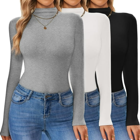Ekouaer 3 Pack Turtleneck Shirt Women Long Sleeve Mock Neck Thermal Base Layer Slim Fit Soft Stretch Undershirts Tops