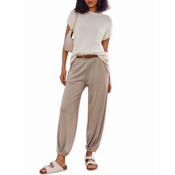 Ekouaer Two Piece Outfits Lounge Sets for Women Sweater Sets Knit Short Sleeve Tops Jogger Pants Matching Tracksuit