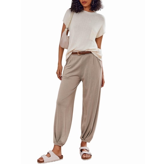 Ekouaer Two Piece Outfits Lounge Sets for Women Sweater Sets Knit Short Sleeve Tops Jogger Pants Matching Tracksuit