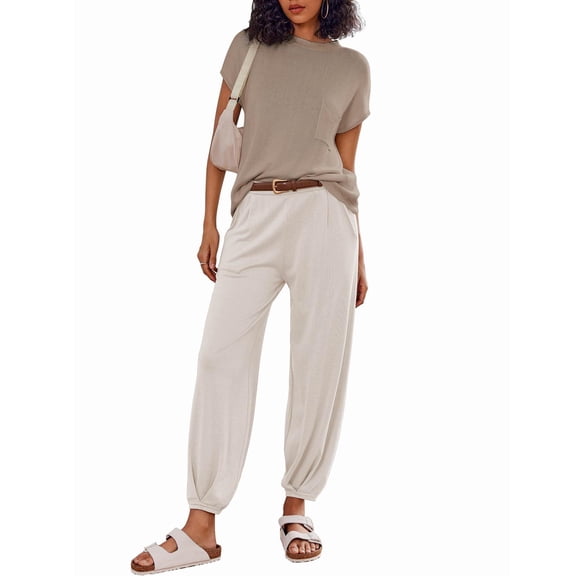 Ekouaer Two Piece Outfits Lounge Sets for Women Sweater Sets Knit Short Sleeve Tops Jogger Pants Matching Tracksuit