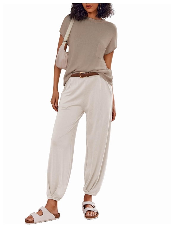 Two Piece Outfits Lounge Sets for Women Sweater Sets Knit Short Sleeve Tops Jogger Pants Matching Tracksuit