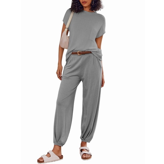 Ekouaer Two Piece Outfits Lounge Sets for Women Sweater Sets Knit Short Sleeve Tops Jogger Pants Matching Tracksuit