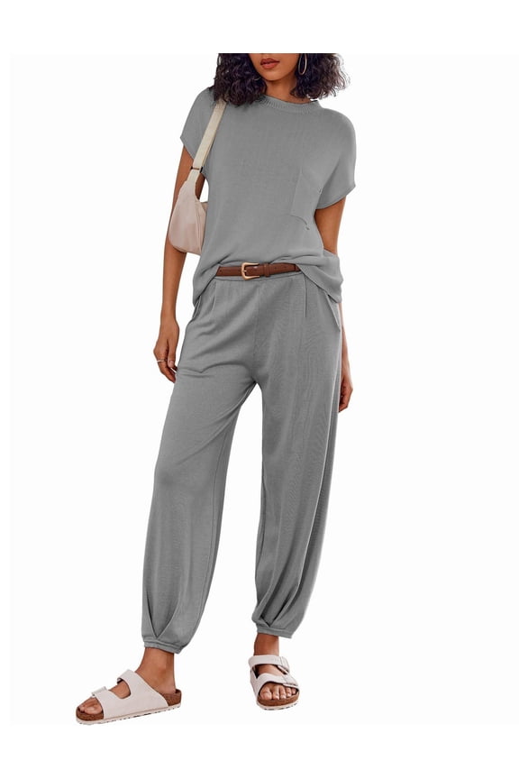 Two Piece Outfits Lounge Sets for Women Sweater Sets Knit Short Sleeve Tops Jogger Pants Matching Tracksuit