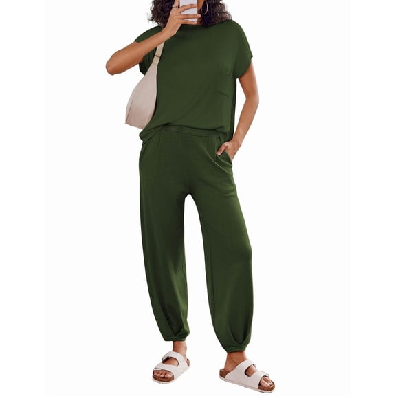 Ekouaer Two Piece Outfits Lounge Sets for Women Sweater Sets Knit Short Sleeve Tops Jogger Pants Matching Tracksuit