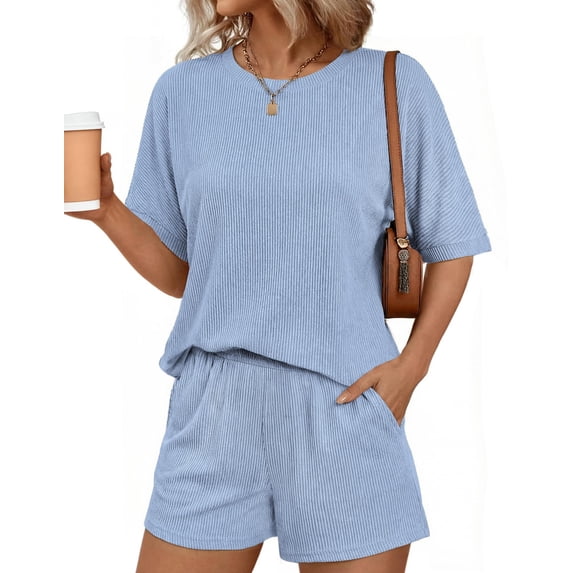 Ekouaer Two Piece Sets for Women Summer 2026 Lounge Sets Matching Outfits | Short Sleeve Ribbed Summer Sets 2 Piece Vacation Outfits Beach Short Sets Cruise Outfits Airport Travel Clothing with Pocke